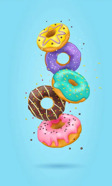 Vallende Realistische Geglazuurde Donuts Met Hagelslag Verticale Vector Achtergrond Voor — Stockvector