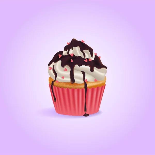 派对杯蛋糕 美味的奶油松饼与心脏洒水和巧克力结冰 3D现实的病媒甜食 — 图库矢量图片