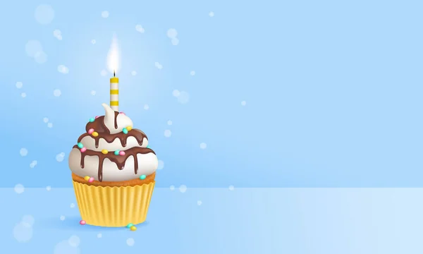 コピースペースでボケ効果のある青い背景にスパイクと1つの誕生日ケーキキャンドルで現実的な誕生日カップケーキ 3Dベクトルイラスト — ストックベクタ