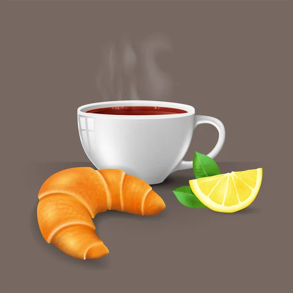 Gerçekçi bir fincan çay, kruvasan ve limonlu kahve. Sıcak içecek. Vektör illüstrasyonu.