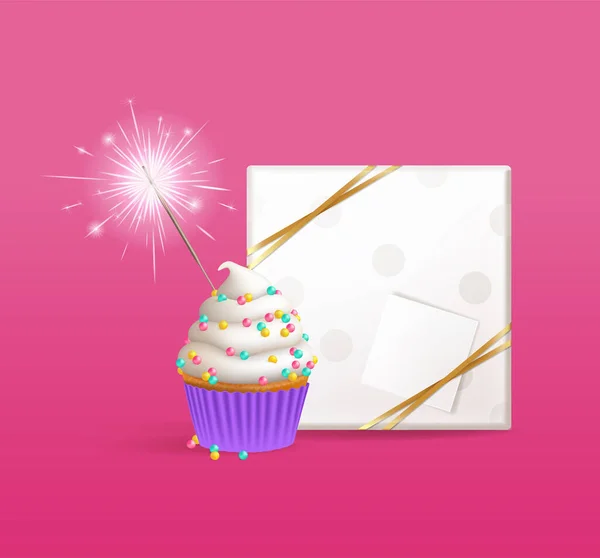 现实的纸杯蛋糕与点燃的火花和礼品盒 贺卡的概念 3D矢量说明 — 图库矢量图片