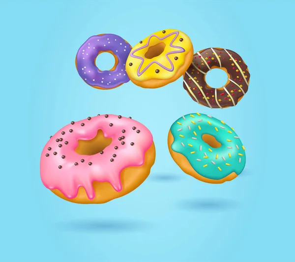 Realistic Glazed Donuts Sprinkles Vector Background — Stock Vector