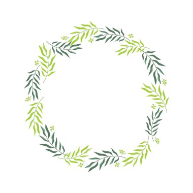 Vektör çelengi beyaz arkaplanda izole edildi; çerçeve metinleri; tırnak içinde; logolar; yeşil dallar; dallar; otlar, yapraklar.