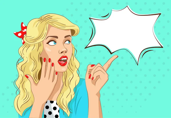 Vektör pop sanat portresi. Şaşırmış bir kadın mesaj atmak için yeri gösterir. İnanılmaz bir satış mağazası, indirimli reklam afişi