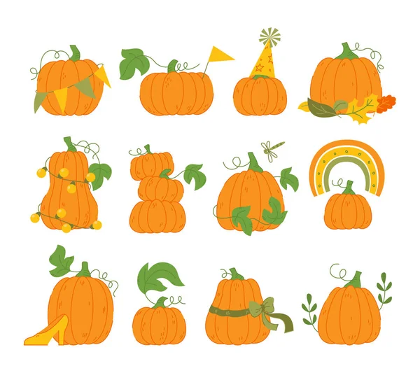 Kürbis Verschiedenen Formen Gemüse Herbst Set Thanksgiving Elemente Freehand Flat — Stockvektor