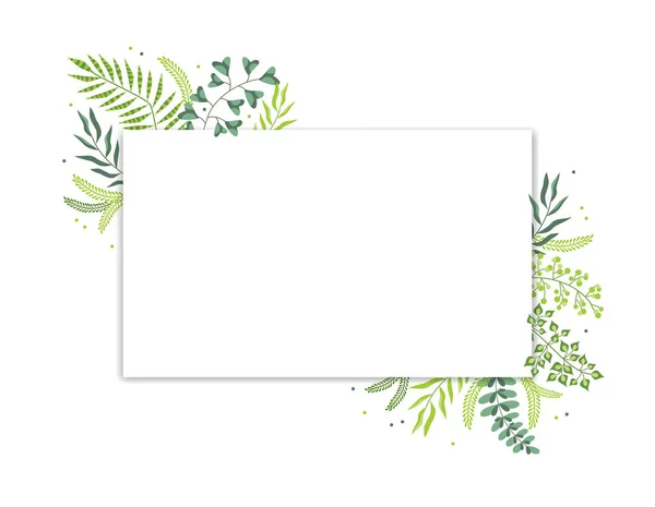 Vector Floral Greenery Card Design Green Leaves Frame Template Wedding — Stock Vector