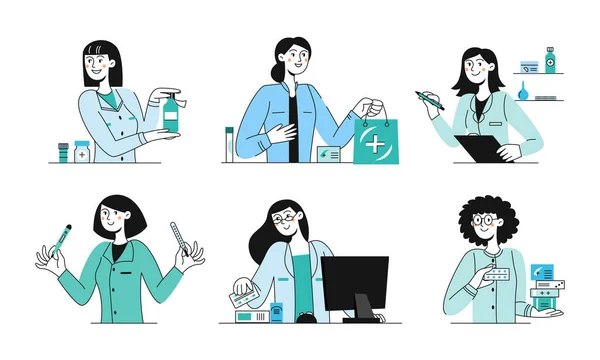 Tıp uzmanları, tıbbi personel, eczacılar. Eczane, ilaçlar. Dünya eczacı günü. Vektör düz resimleme