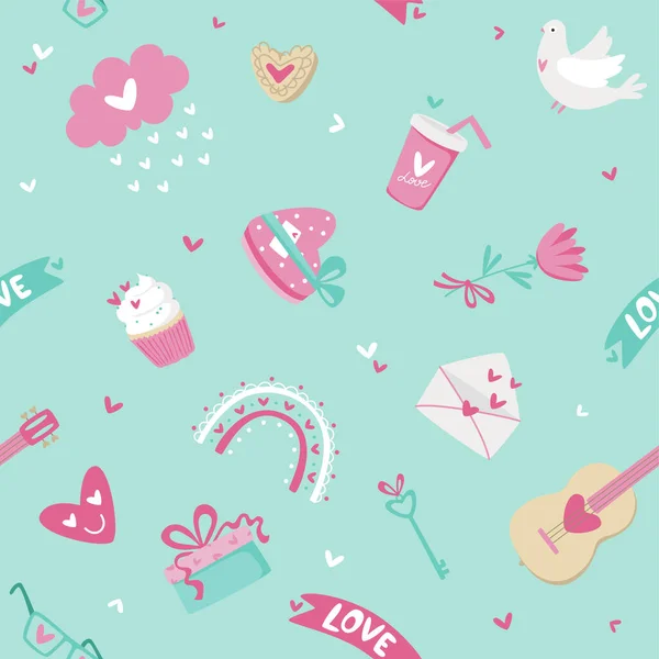 Modèle Pour Saint Valentin Amour Cœurs Fleurs Bonbons Sur Fond — Image vectorielle