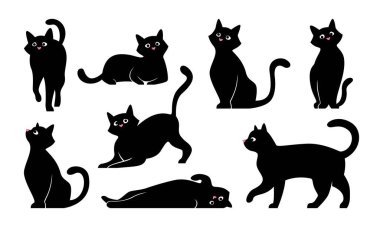 Kedi pozlarının değişkenleri. Siyah kedi, kediler, beyaza izole edilmiş illüstrasyonlar..