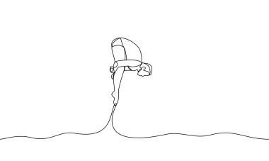 Bir dalgıcın kesintisiz tek çizgi çizimi. Akrobatik dalış. Su sporları yarışması konsepti. Bir çizgi vektör illüstrasyonu