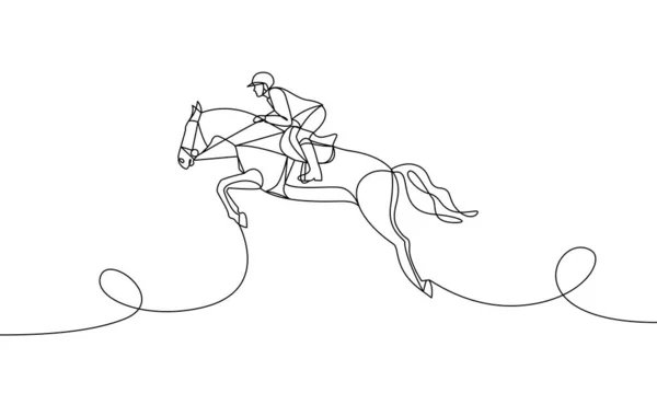 一个骑手和一匹海湾马在表演跳跃表演中的单幅实景画 马术选手单行绘图矢量图 — 图库矢量图片