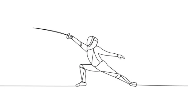 Bir eskrimcinin aralıksız tek çizgisi. Spor türü, eskrim. Bir çizgi vektör illüstrasyonu