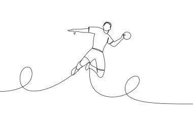 Hentbolcunun tek sıra halinde topu alıp zıplaması. Spor türü, hentbol. Bir çizgi vektör illüstrasyonu, özet