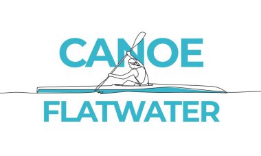 Bir adamın sürekli çizimi bir kanoyla mesafeyi aşıyor. Kano suyu, kano yayı. Renkli unsurlar ve başlık. Bir çizgi vektör illüstrasyonu