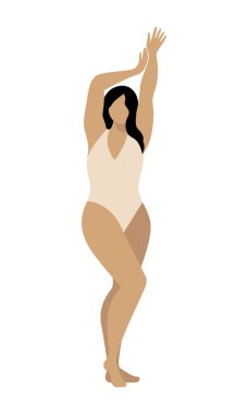 Artı mayo giymiş cüsseli bir kadın. Kadın kıvrımlı karakter. Vücut pozitif. İzole vektör illüstrasyonu