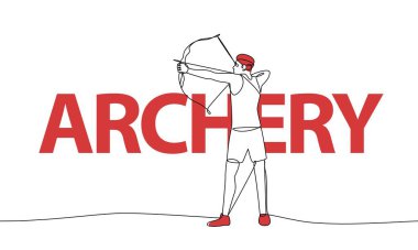 Aralıksız ok atan bir adamın çizimi. Okçuluk. Renkli unsurlar ve başlık. Bir çizgi vektör illüstrasyonu