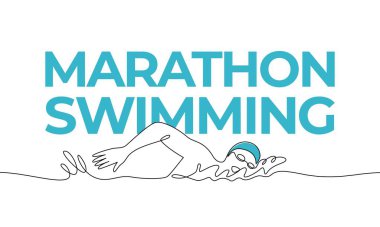 Tek ve sürekli çizim. Spor, triatlon, yüzme maratonu. Renkli unsurlar ve başlık. Bir çizgi vektör illüstrasyonu