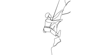 Yüksek bir uçuruma tırmanan tek bir adam. Spor Tırmanışı. Bir çizgi çizimi vektör illüstrasyonu