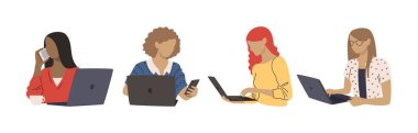 Bir grup iş kadını. Dizüstü bilgisayarı ve akıllı telefonu olan farklı etnik çeşitlilikteki kadınların vektör çizimi. İş kadını beyazla izole edilmiş.