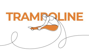Kıvrımlı ve takla atan bir adamın sürekli çizimi. Trambolin. Spor. Renkli unsurlar ve başlık. Bir çizgi vektör illüstrasyonu
