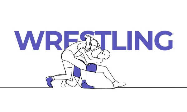 İki adamın sürekli dövüştüğü tek bir resim. Güreş. Spor. Renkli unsurlar ve başlık. Bir çizgi vektör illüstrasyonu