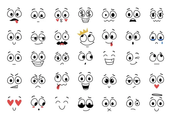 Çizgi film yüzlerinin vektör kümesi. Etkileyici gözler ve ağız, ağlama, gülümseme ve karakterin şaşırmış yüz ifadeleri. Çizgi roman ya da karalama