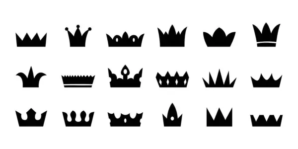 Bir dizi siyah taç ikonu. Basit bir taç silueti koleksiyonu. Vektör illüstrasyonu
