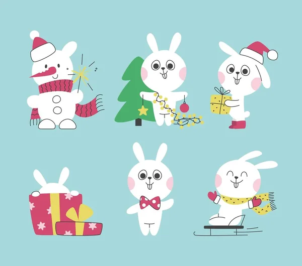 Christmas Cute Set Baby Rabbits Bundle Vector Rabbit Characters Children — Stock Vector