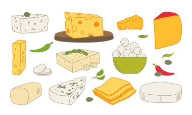 Beyaz arka planda izole edilmiş peynir parçaları ve dilimler. Beyaz arkaplanda izole edilmiş karalama doğrusal biçiminde peynirin vektör başı