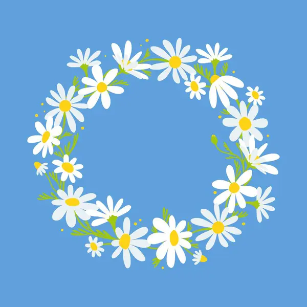 El yapımı papatya çelengi. Papatya çiçeği ve yaprakları. Mavi arkaplanda vektör izole edildi