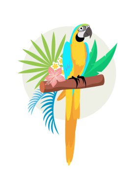 Tropik bir papağan, tropik bitki yaprakları ve çiçeklerle dolu bir dalda oturur. Vektör illüstrasyonu beyaz arkaplanda izole edildi