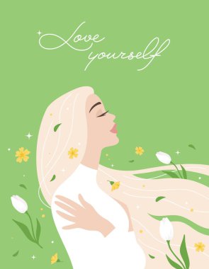 İlkbahar, profilde güzel bir kadın, kendine sarılıyor, saçları hafif bir rüzgarda çiçeklerle dalgalanıyor. Kendini sev konsepti. Vektör yumuşak düz çizgi film illüstrasyonu