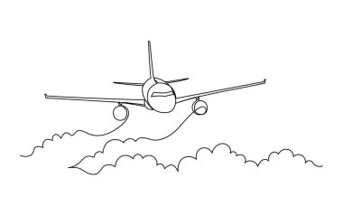 Bulutların üzerinde sürekli uçan bir uçak çizgisi. Çizgi çalışması. Beyaz arka planda siyah basit bir çizgi. Vektör doğrusal illüstrasyon