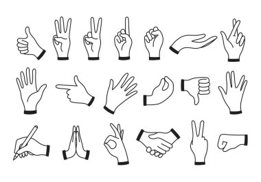 İnsan eli, avuç içi, bilek hareketleri. Tutmak, kavramak, işaret etmek, yumruk, baş parmaklar yukarı. Vektör karalama çizimi beyaza izole edildi