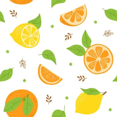 Taze portakal ve limonla kusursuz bir yaz şablonu. Dolu, yarım dilimlenmiş, yapraklı. Meyveler. Serbest vektör illüstrasyonu