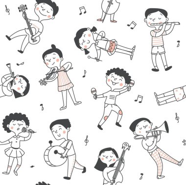 Kusursuz müzik çocukları modeli. Erkekler ve kızlar müzik enstrümanları çalar. Vektör karalama çizimi