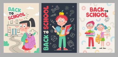 Okul Posteri Kapağı Seti 'ne dönün. Ders kitapları, defter, sırt çantası, dünya ve okul olan sevimli çocuk resimleri. Metin, yazı. Vektör karikatürü