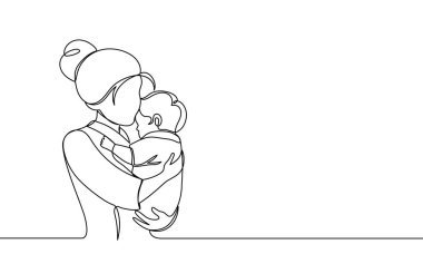 Kadın sarılması, bebek sarılması. Anne ve çocuk. Devamlı bir çizgi. Anneler Günün kutlu olsun. Vektör bir çizgi illüstrasyonu