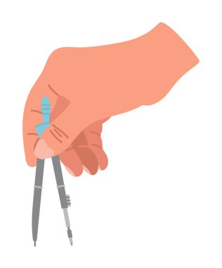 İnsan eli pusulayı tutar, çizer, ölçer. Kırtasiye malzemeleri. İzole vektör karikatür doğrusal karalama çizimi