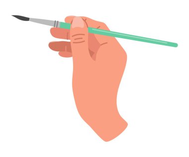 İnsan eli fırça tutuyor, çiziyor. Kırtasiye malzemeleri. İzole vektör karikatür doğrusal karalama çizimi