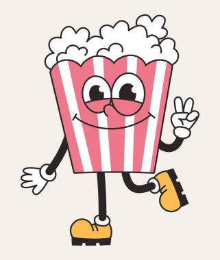 Patlamış mısırın modası geçmiş karakter çantası. Abur cubur. Vektör karikatürü izole edildi