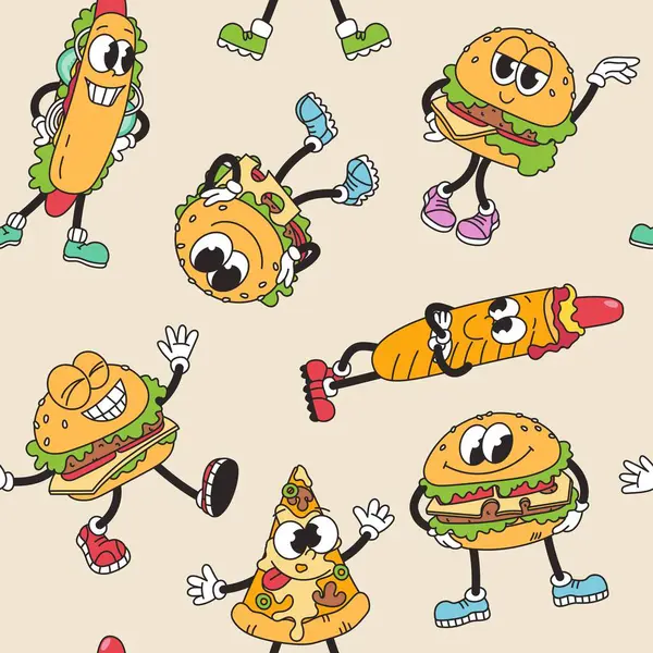 Kusursuz desenli, modaya uygun klasik karakterler. Fast food. Hamburger, sosisli sandviç, pizza. Vektör karikatür illüstrasyonuName