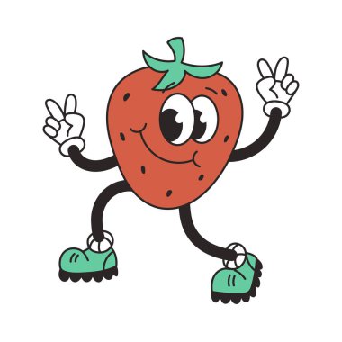 Retro groovy character dancing strawberry. Funny vintage mascot vector element. Food, fruits. Cartoon vector illustration clipart