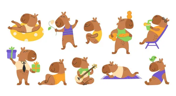 Bir sürü komik Capybaras. Mutlu hayvan karakterleri. Rahat ol. Moda vektörü düz stil serbest elle izole edilmiş illüstrasyon