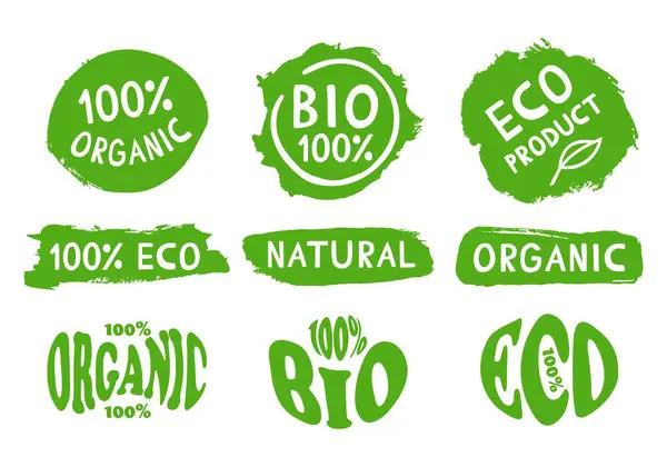 Organik biyolojik etiketler, ikonlar, sağlıklı gıda ikonları, ekolojik gıdalar. Vektör illüstrasyonu