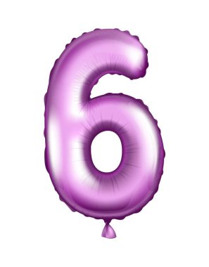 Folyo ve lateks balon. 6 numara. Helyum balonu, mor. Tatil, doğum günü, festival için gerçekçi vektör illüstrasyonu