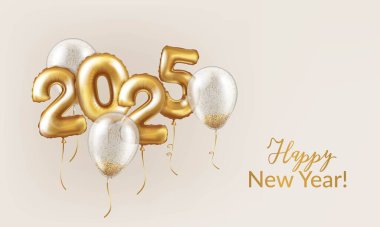 Mutlu yıllar 2025. Pankart. Balonlardan ve konfetili şeffaf balonlardan gelen gerçekçi altın rakamlar. Hafif bir arkaplanda vektör 3d dekoratif tasarım ögeleri