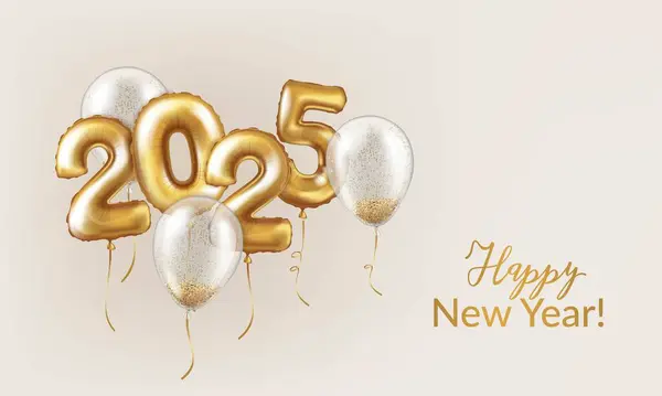 Mutlu yıllar 2025. Pankart. Balonlardan ve konfetili şeffaf balonlardan gelen gerçekçi altın rakamlar. Hafif bir arkaplanda vektör 3d dekoratif tasarım ögeleri
