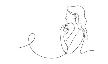 Parfüm şişesiyle boyna parfüm sıkan bir kadın çiziyor. Kişilik için doğru parfümü bul. Pankart. Vektör doğrusal çizim çizimi