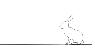Banner aralıksız çizgi tavşanı oturuyor. Hayvan herif. Şirin tavşan silueti. Vektör yay çizimi, doğrusal asgari biçim